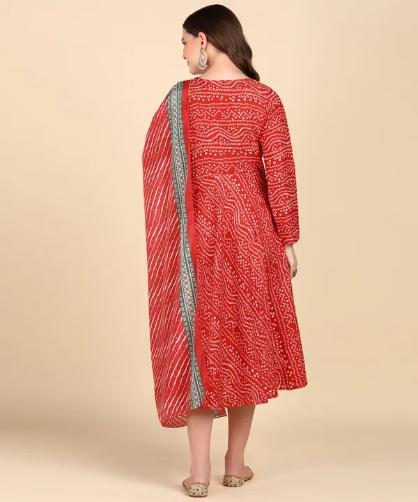 Red_Cotton_Printed_Round_Kurti_With_Dupatta_Set_For_Women