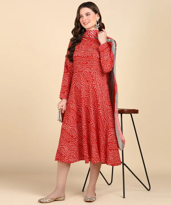 Red_Cotton_Printed_Round_Kurti_With_Dupatta_Set_For_Women