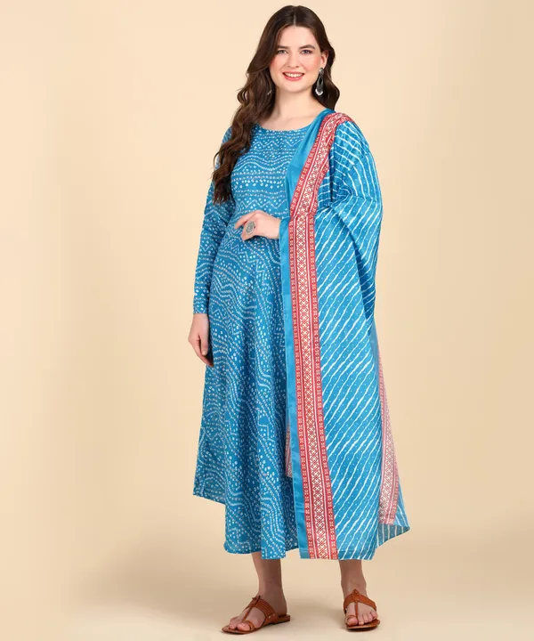 Sky_Blue_Cotton_Printed_Round_Kurti_With_Dupatta_Set_For_Women