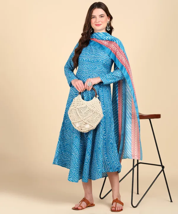 Sky_Blue_Cotton_Printed_Round_Kurti_With_Dupatta_Set_For_Women