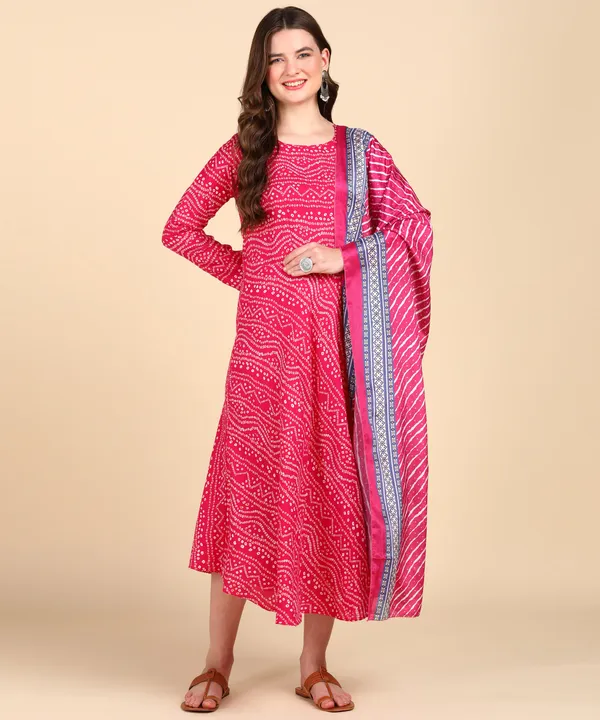 Pink_Cotton_Printed_Round_Kurti_With_Dupatta_Set_For_Women