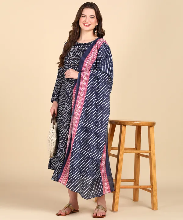 Navy_Blue_Cotton_Printed_Round_Kurti_With_Dupatta_Set_For_Women