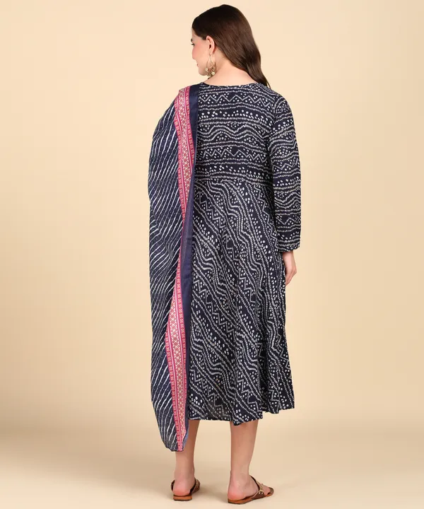 Navy_Blue_Cotton_Printed_Round_Kurti_With_Dupatta_Set_For_Women