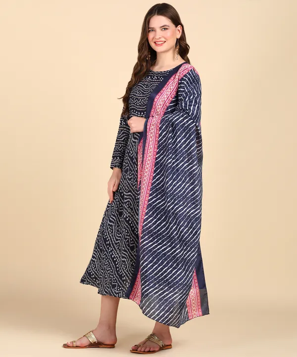 Navy_Blue_Cotton_Printed_Round_Kurti_With_Dupatta_Set_For_Women