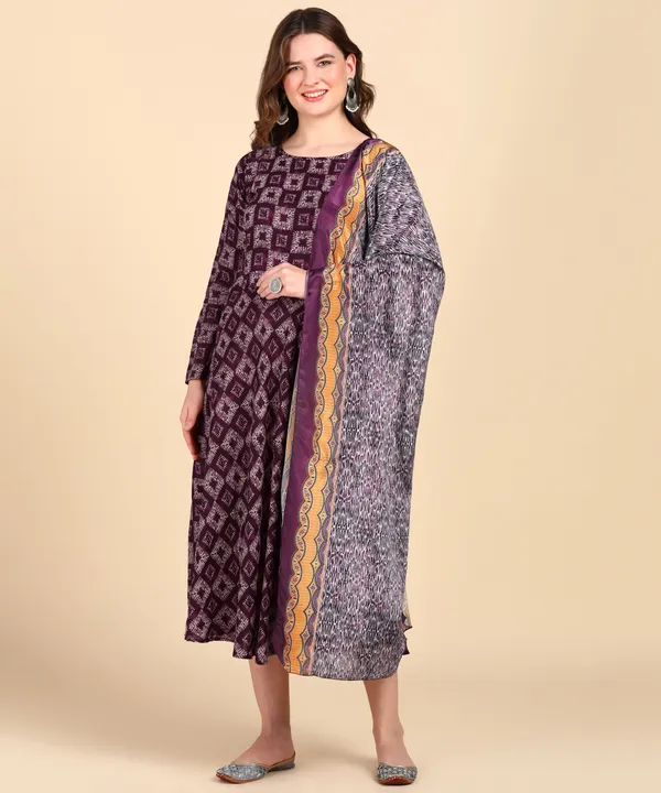 Purple_Cotton_Printed_Round_Kurti_With_Dupatta_Set_For_Women