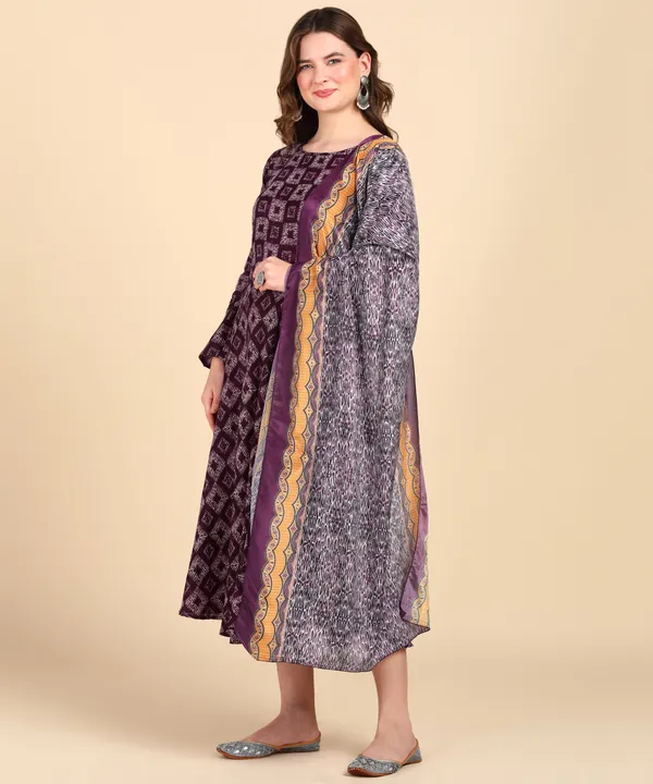 Purple_Cotton_Printed_Round_Kurti_With_Dupatta_Set_For_Women