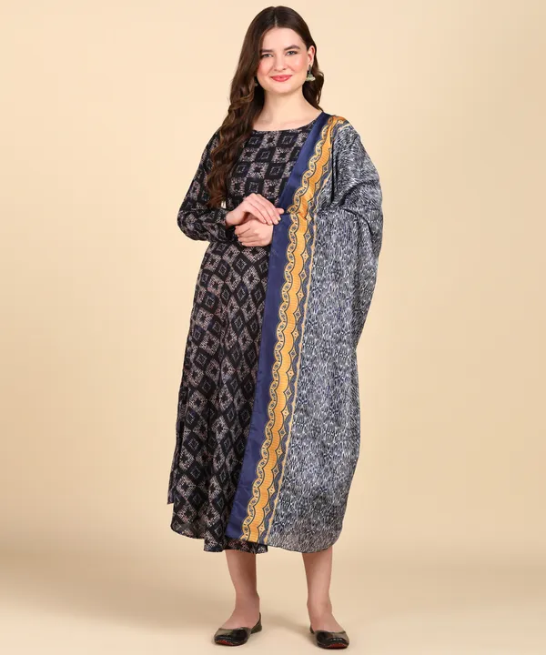 Navy_Blue_Cotton_Printed_Round_Kurti_With_Dupatta_Set_For_Women