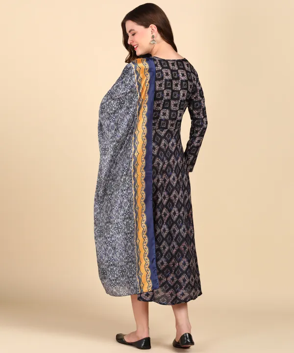 Navy_Blue_Cotton_Printed_Round_Kurti_With_Dupatta_Set_For_Women