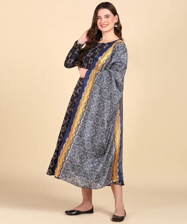 Navy_Blue_Cotton_Printed_Round_Kurti_With_Dupatta_Set_For_Women