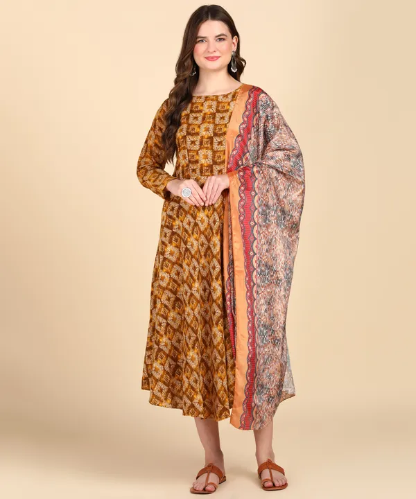 Brown_Cotton_Printed_Round_Kurti_With_Dupatta_Set_For_Women