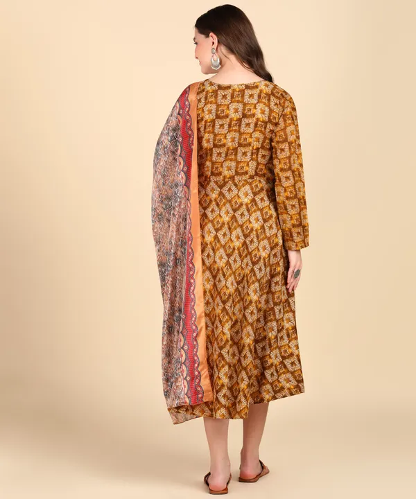 Brown_Cotton_Printed_Round_Kurti_With_Dupatta_Set_For_Women