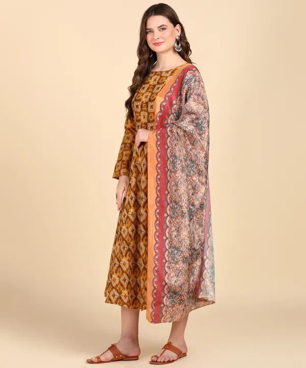 Brown_Cotton_Printed_Round_Kurti_With_Dupatta_Set_For_Women