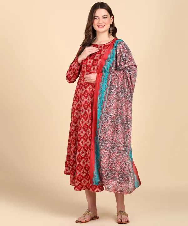 Red_Cotton_Printed_Round_Kurti_With_Dupatta_Set_For_Women