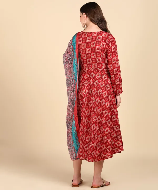 Red_Cotton_Printed_Round_Kurti_With_Dupatta_Set_For_Women