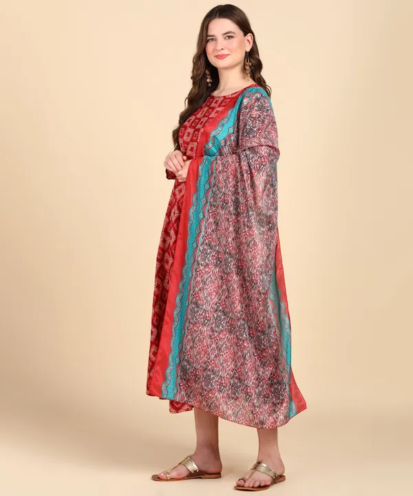 Red_Cotton_Printed_Round_Kurti_With_Dupatta_Set_For_Women