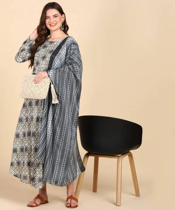 Grey_Cotton_Printed_Round_Kurti_With_Dupatta_Set_For_Women