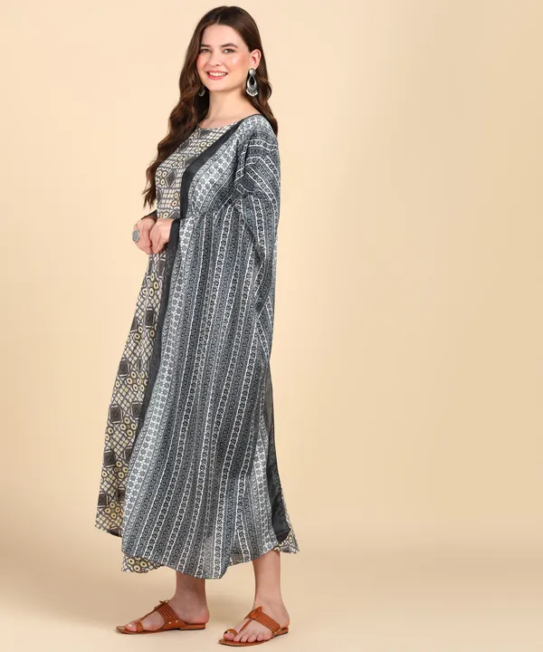 Grey_Cotton_Printed_Round_Kurti_With_Dupatta_Set_For_Women