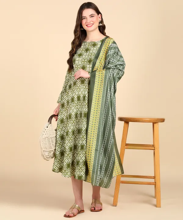 Olive_Cotton_Printed_Round_Kurti_With_Dupatta_Set_For_Women