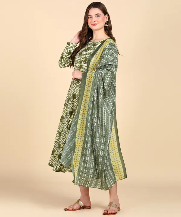 Olive_Cotton_Printed_Round_Kurti_With_Dupatta_Set_For_Women