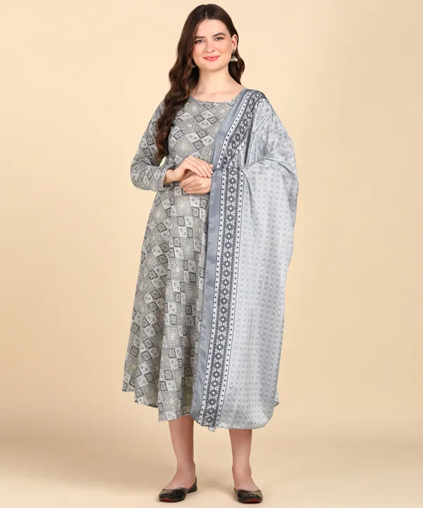 Grey_Cotton_Printed_Round_Kurti_With_Dupatta_Set_For_Women