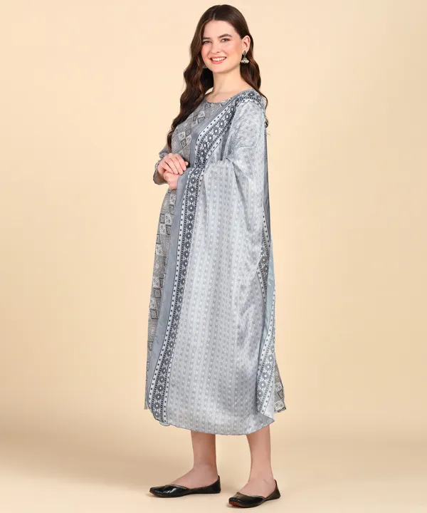 Grey_Cotton_Printed_Round_Kurti_With_Dupatta_Set_For_Women
