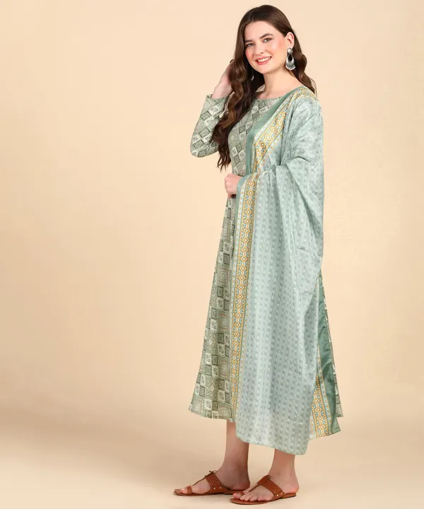 Light_Green_Cotton_Printed_Round_Kurti_With_Dupatta_Set_For_Women