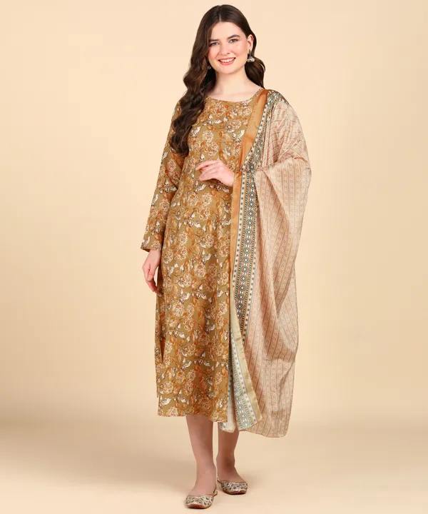Light_Brown_Cotton_Printed_Round_Kurti_With_Dupatta_Set_For_Women