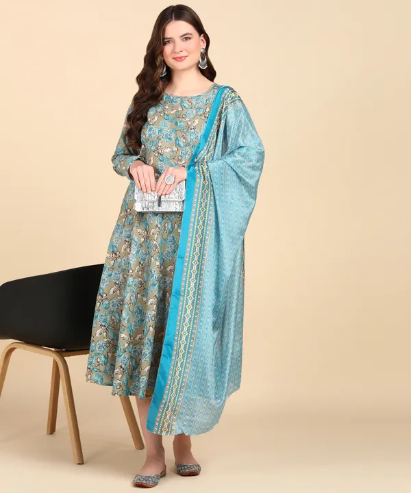 Sky_Blue_Cotton_Printed_Round_Kurti_With_Dupatta_Set_For_Women
