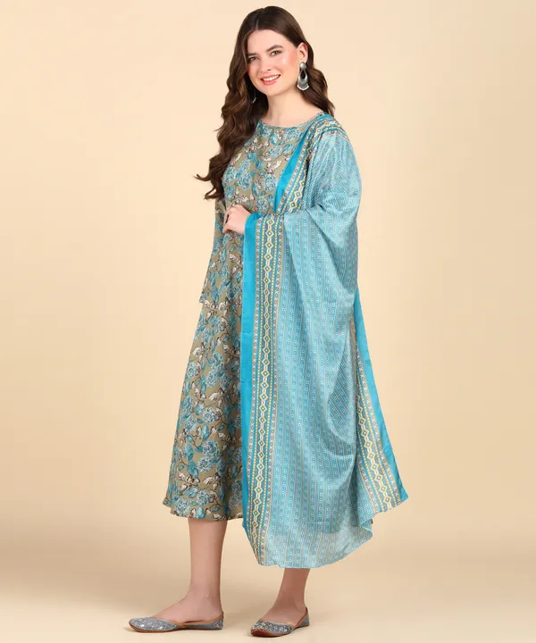 Sky_Blue_Cotton_Printed_Round_Kurti_With_Dupatta_Set_For_Women