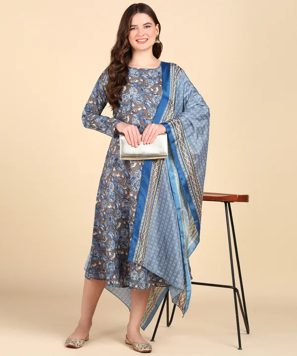 Blue_Cotton_Printed_Round_Kurti_With_Dupatta_Set_For_Women