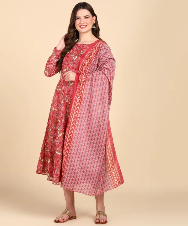 Red_Cotton_Printed_Round_Kurti_With_Dupatta_Set_For_Women