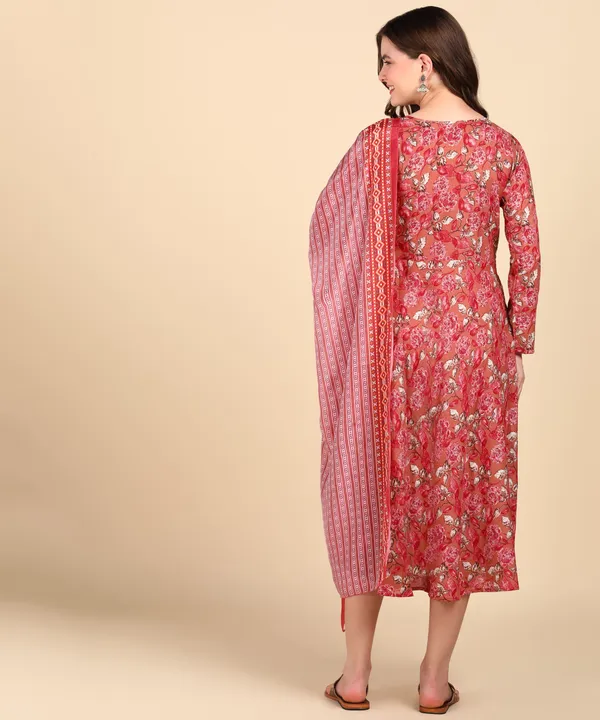Red_Cotton_Printed_Round_Kurti_With_Dupatta_Set_For_Women