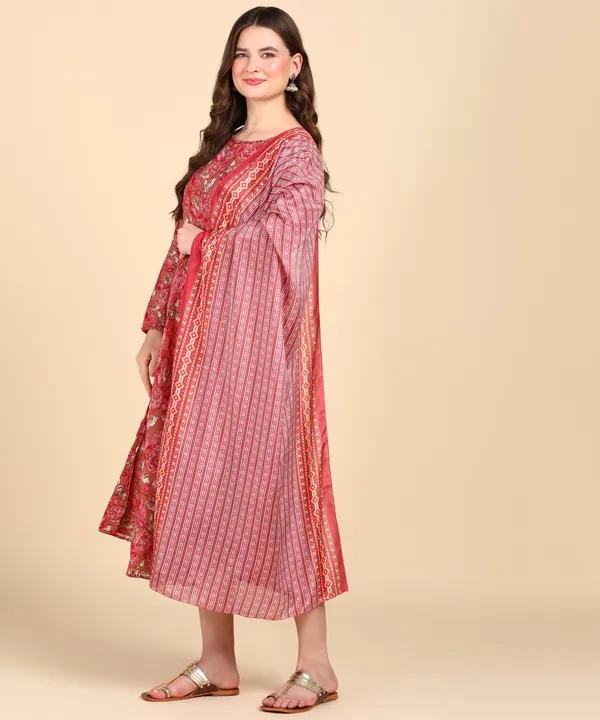 Red_Cotton_Printed_Round_Kurti_With_Dupatta_Set_For_Women