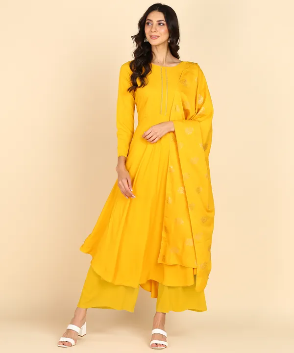 Yellow_Women_Anarkali_Kurti_With_Foil_Print_Dupatta