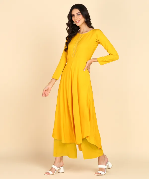 Yellow_Women_Anarkali_Kurti_With_Foil_Print_Dupatta