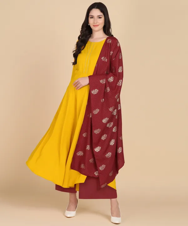 Yellow_Women_Anarkali_Kurti_With_Foil_Print_Dupatta