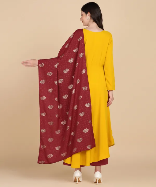 Yellow_Women_Anarkali_Kurti_With_Foil_Print_Dupatta