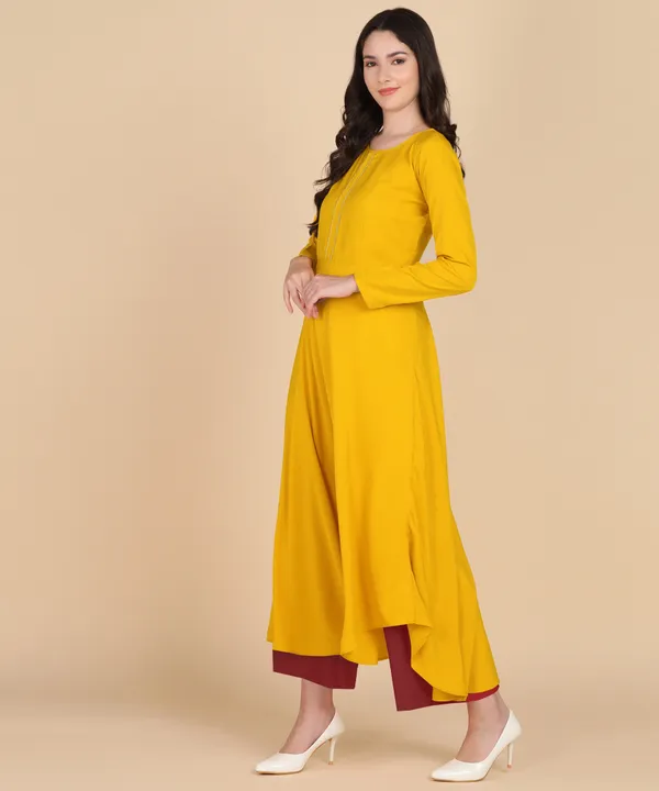 Yellow_Women_Anarkali_Kurti_With_Foil_Print_Dupatta