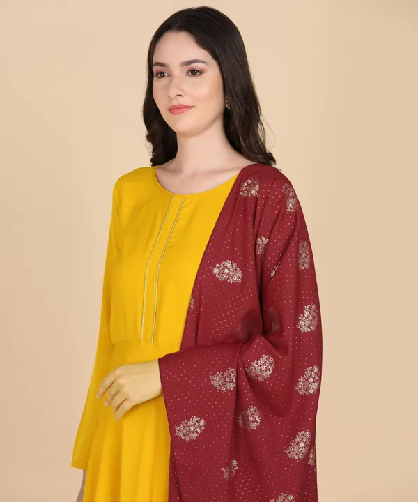 Yellow_Women_Anarkali_Kurti_With_Foil_Print_Dupatta