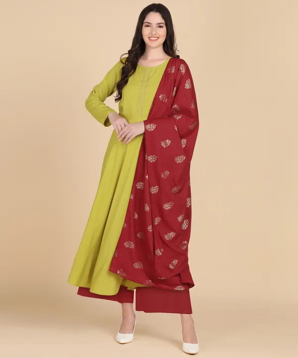 Parrot_Women_Anarkali_Kurti_With_Foil_Print_Dupatta