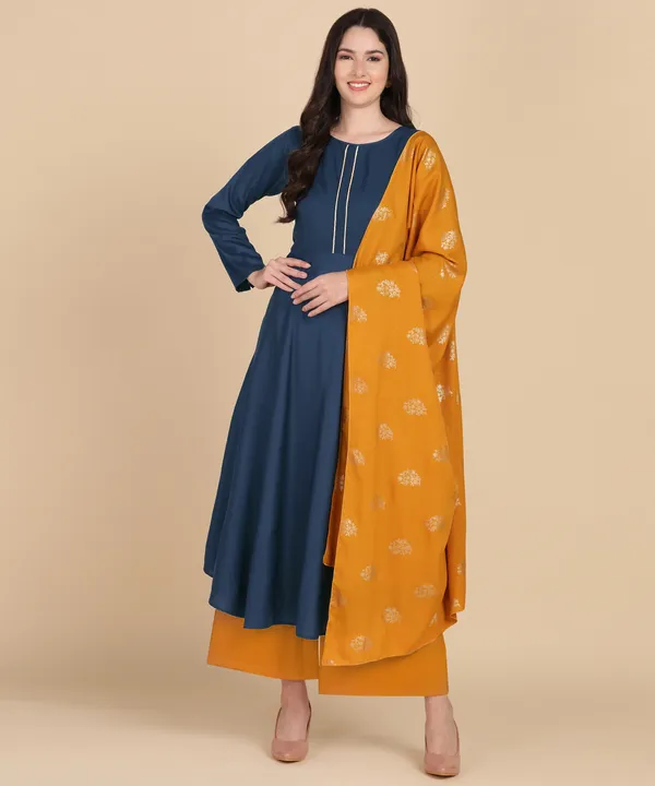 Navy_Blue_Women_Anarkali_Kurti_With_Foil_Print_Dupatta