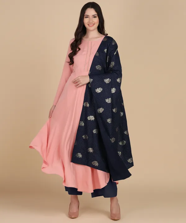 Peach_Women_Anarkali_Kurti_With_Foil_Print_Dupatta