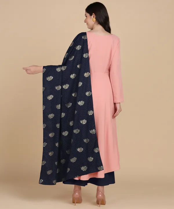 Peach_Women_Anarkali_Kurti_With_Foil_Print_Dupatta