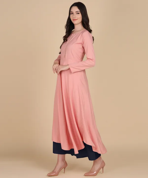 Peach_Women_Anarkali_Kurti_With_Foil_Print_Dupatta