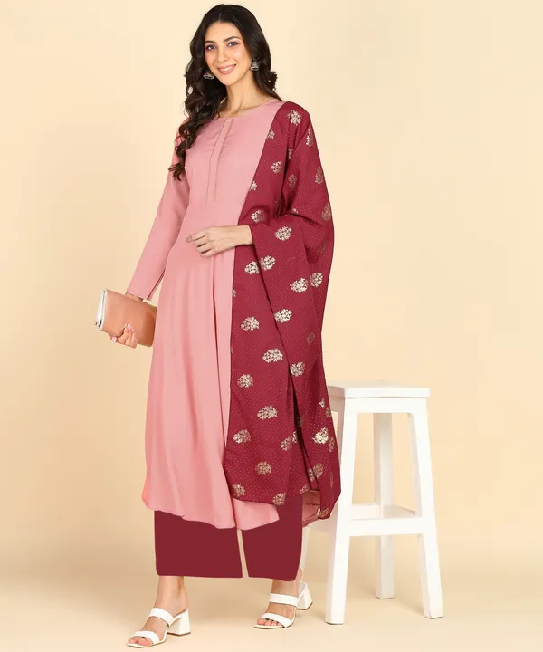 Peach_Women_Anarkali_Kurti_With_Foil_Print_Dupatta