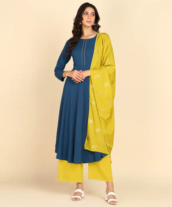 Blue_Women_Anarkali_Kurti_With_Foil_Print_Dupatta