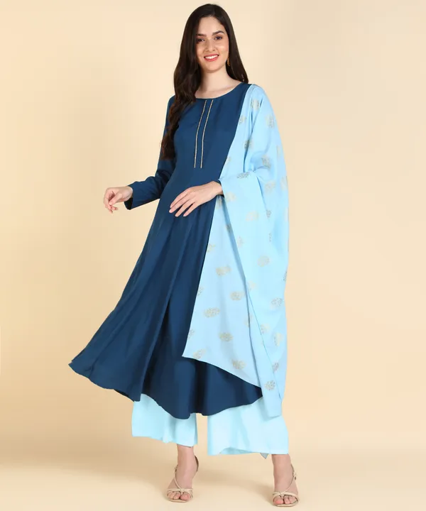 Blue_Women_Anarkali_Kurti_With_Foil_Print_Dupatta