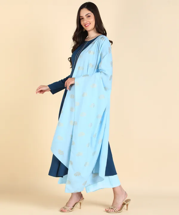 Blue_Women_Anarkali_Kurti_With_Foil_Print_Dupatta