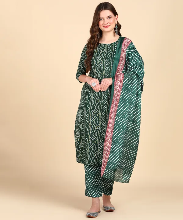 Green_Cotton_Printed_Kurti_Pant_With_Dupatta_Set