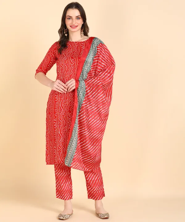 Red_Cotton_Printed_Kurti_Pant_With_Dupatta_Set